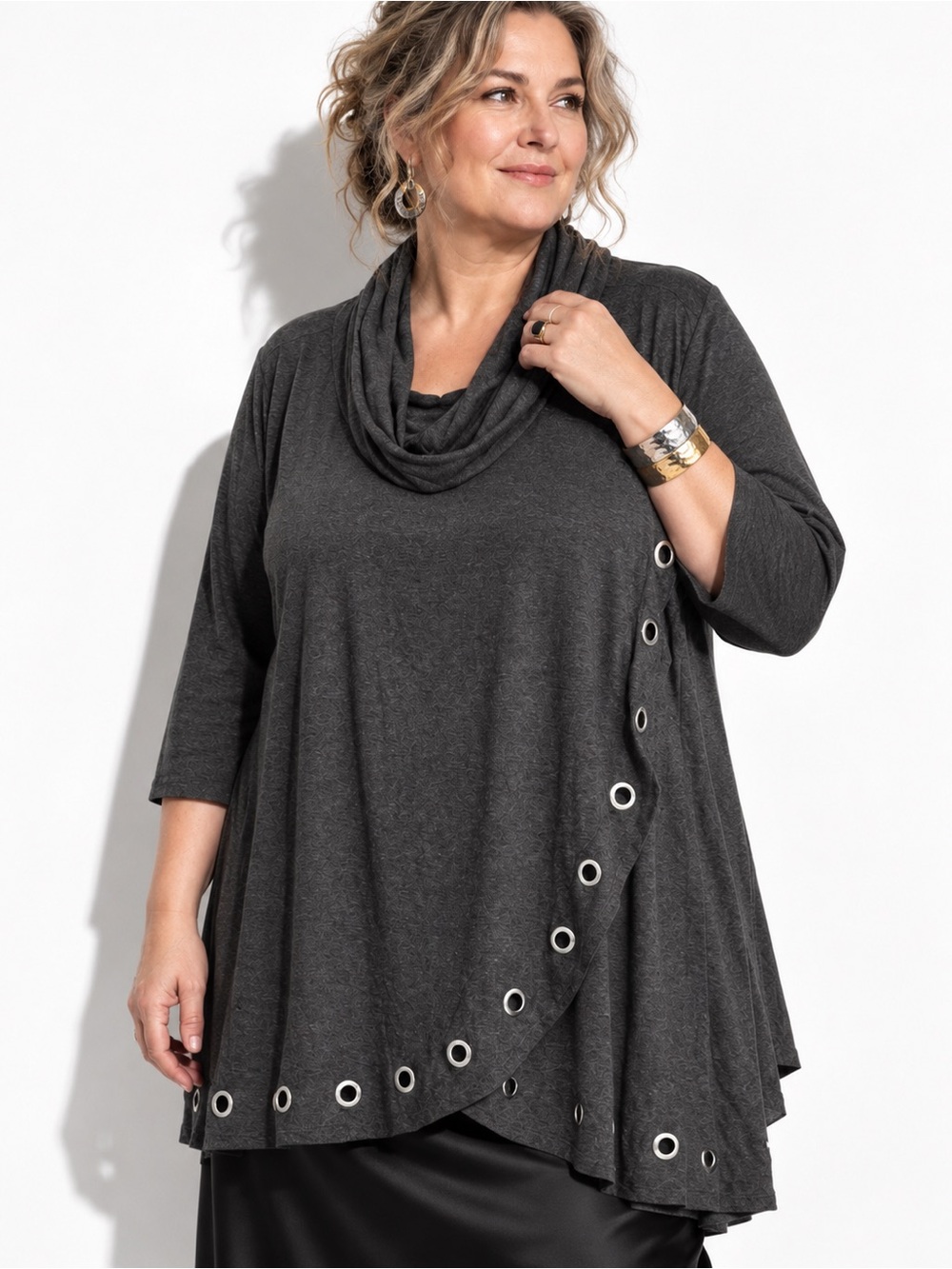 Belldini 3X Gray Cowl Neck Grommet Tunic Top Lagenlook Draped Artwear Soft Fall